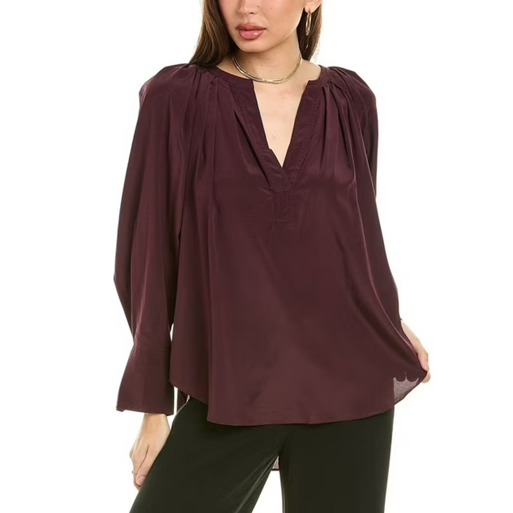 A.L.C. Solid Pleated Silk V-Neck Hi-Lo Blouse Top in Wine Size 2